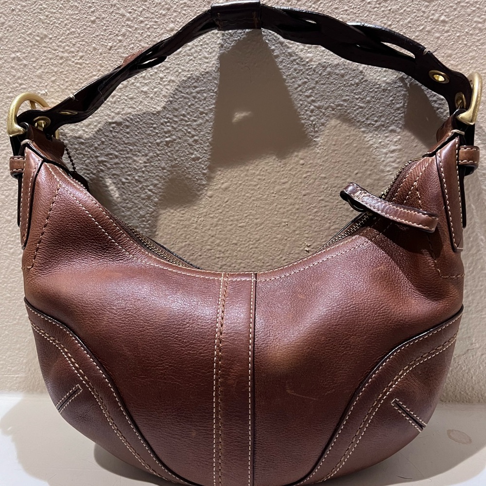 Coach braided handle brown leather hobo bag